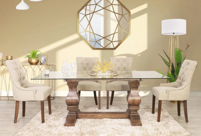 Glass-top dining tables create sleek dining areas